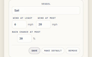 The vessel settings screen, with a maximum wind speed, a wave height and a precipitation limit